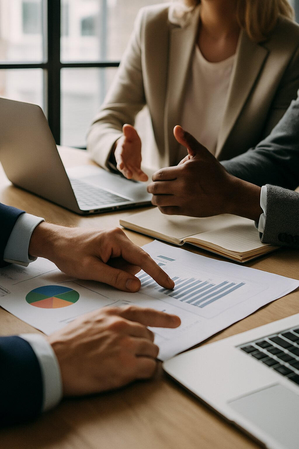 Geoff Kullman, Hands of an AI consultant and business executives pointing at data charts during strategy session