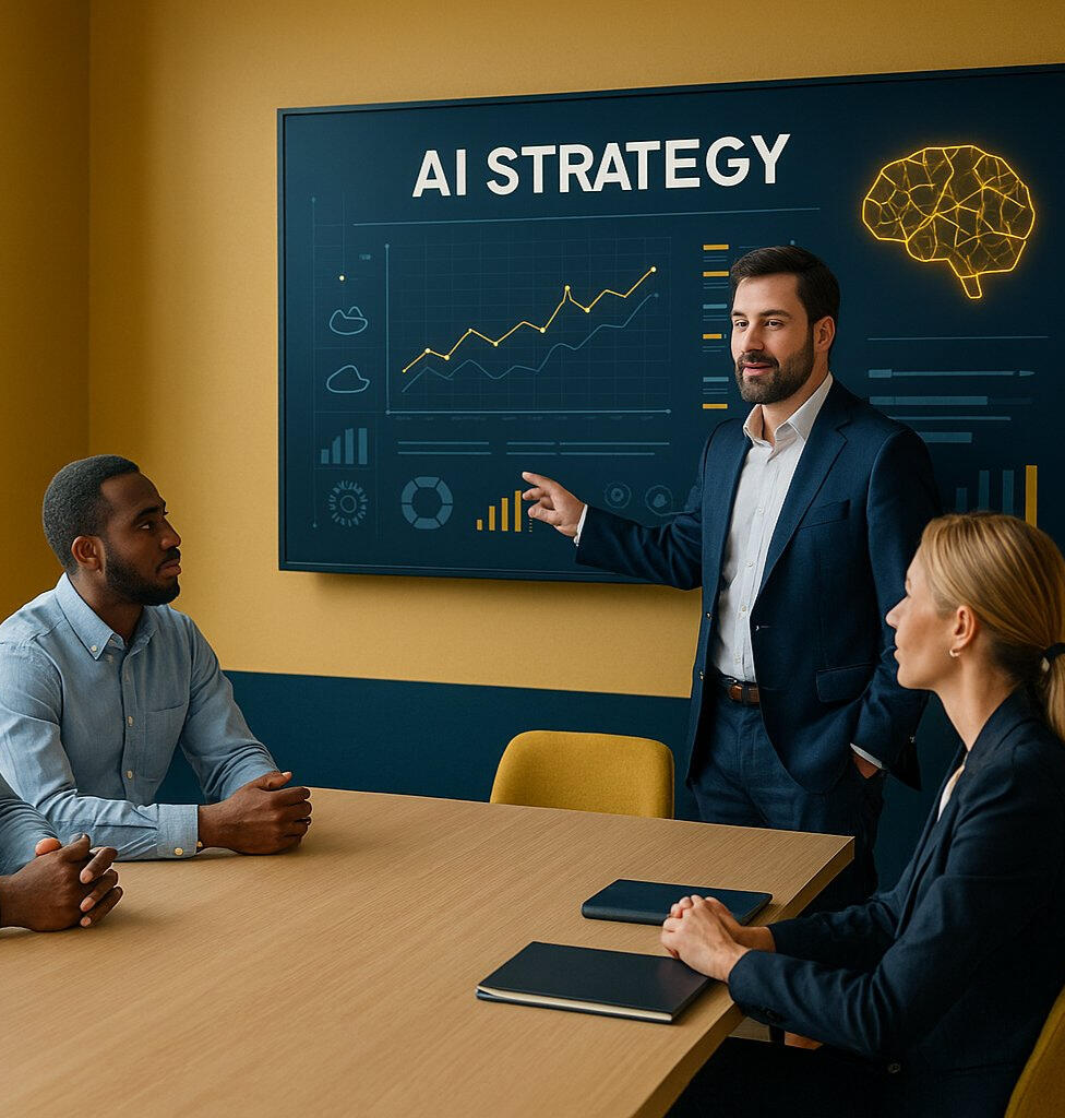 Geoff Kullman, AI strategy consultant reviewing readiness roadmap with business team in modern office