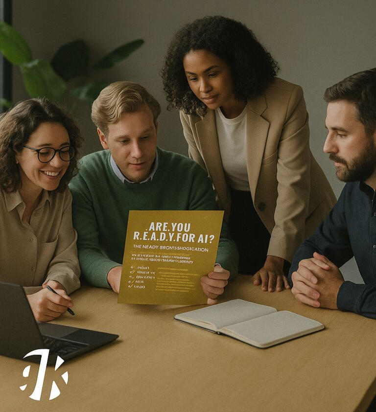 Four professionals gather around a conference table in a modern office, attentively reviewing a printed “R.E.A.D.Y. Scorecard” document as they discuss AI readiness strategies.