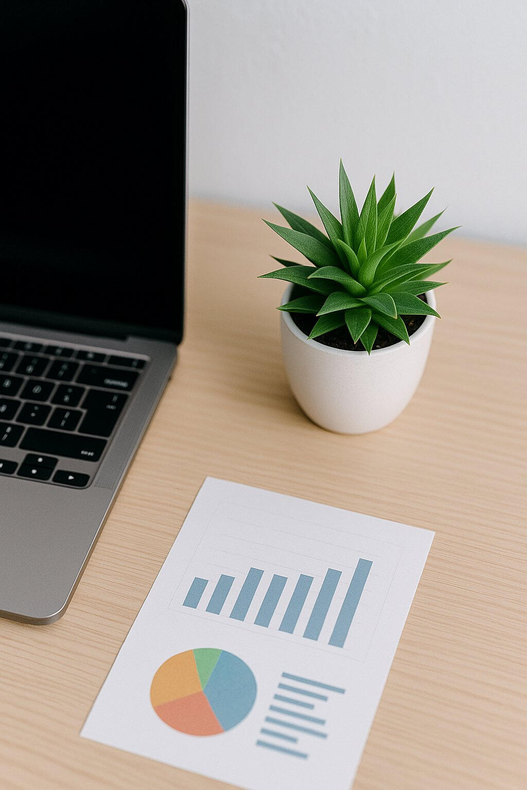 Geoff Kullman Blog, Printed AI scorecard and business charts beside a laptop in a clean consulting workspace